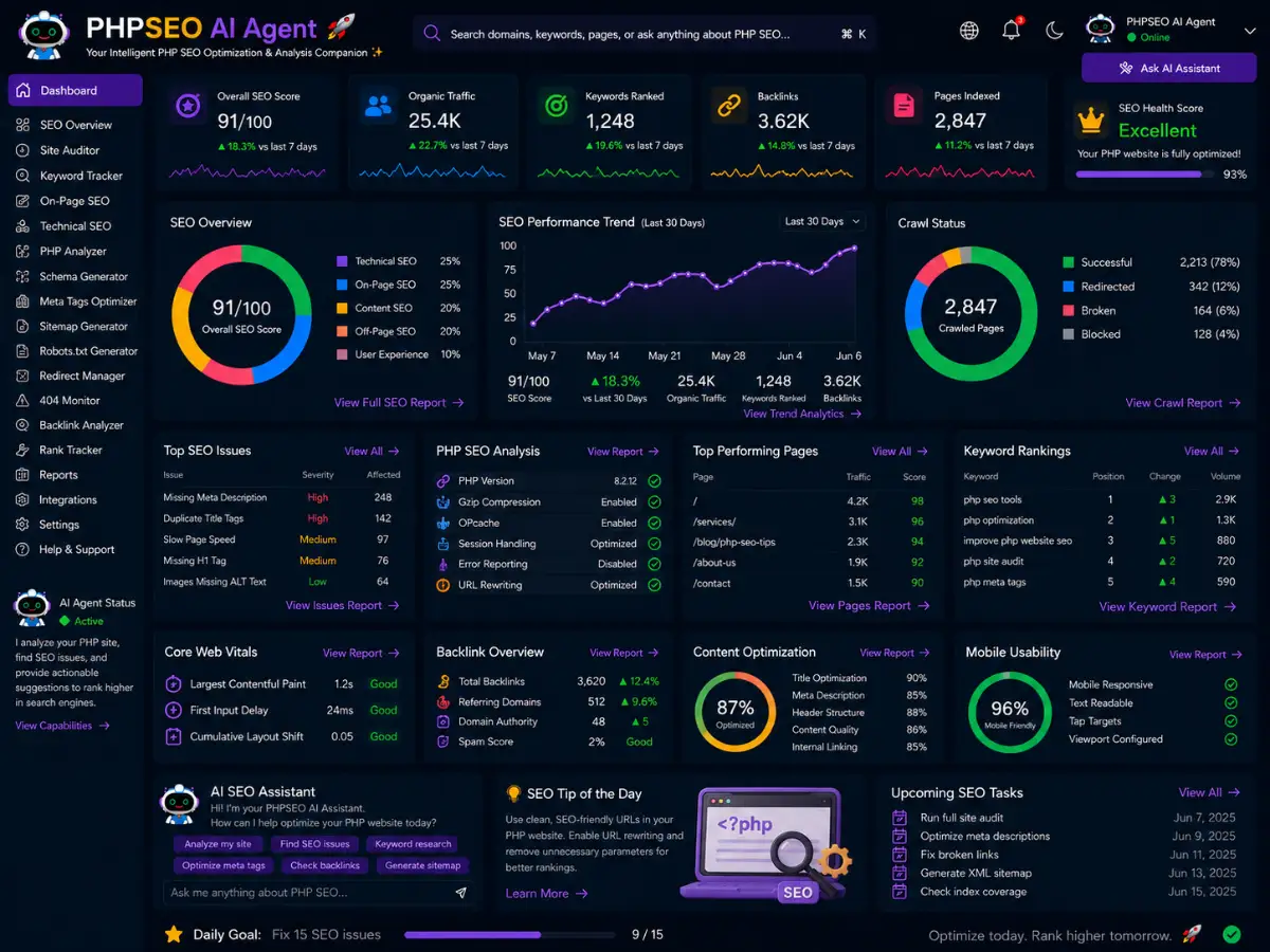 phpseo.app AI PHP SEO agent app — PHP SEO dashboard preview